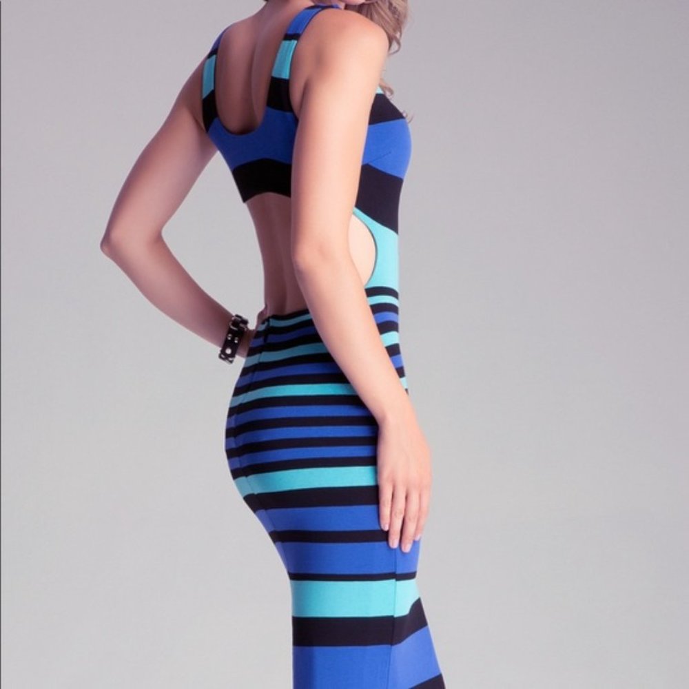 Bebe Open Back Stripe Bodycon Dress